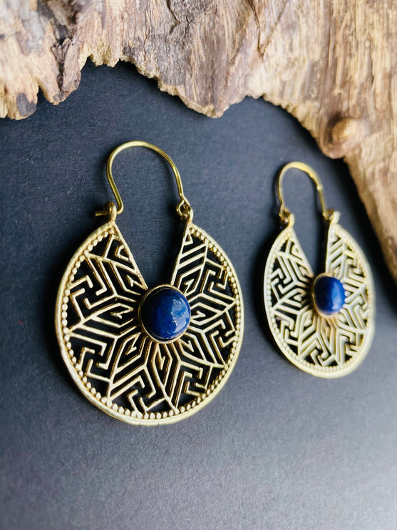 Lapis Lazuli Earrings Golden Ethnic Jewelery , Blue Stone , rustic, yoga, hippie, gypsy, pretty, psy, boho, bohemian, festival