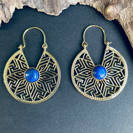 Lapis Lazuli Earrings Golden Ethnic Jewelery , Blue Stone , rustic, yoga, hippie, gypsy, pretty, psy, boho, bohemian, festival