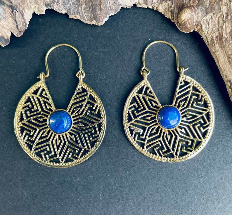 Lapis Lazuli Earrings Golden Ethnic Jewelery , Blue Stone , rustic, yoga, hippie, gypsy, pretty, psy, boho, bohemian, festival