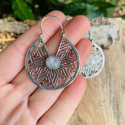 Silver Moonstone Earrings Aztec Ethnic, rustic, yoga, hippie, gypsy, pretty, psy, boho, bohemian, festival