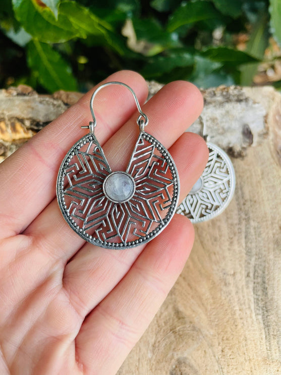 Silver Moonstone Earrings Aztec Ethnic, rustic, yoga, hippie, gypsy, pretty, psy, boho, bohemian, festival