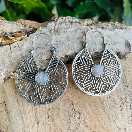 Silver Moonstone Earrings Aztec Ethnic, rustic, yoga, hippie, gypsy, pretty, psy, boho, bohemian, festival