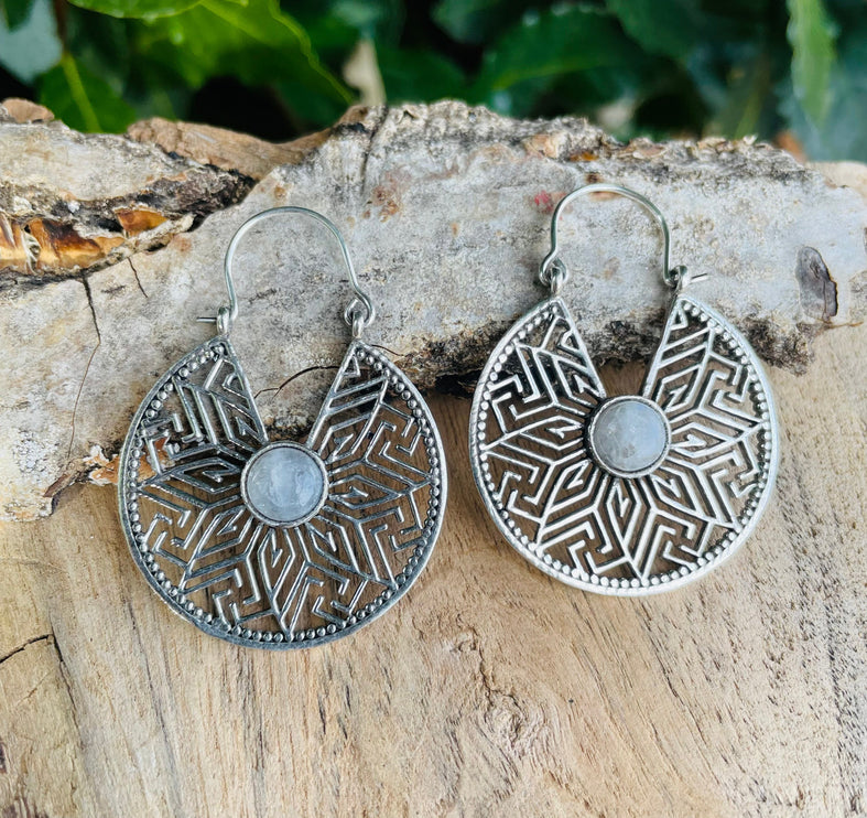 Silver Moonstone Earrings Aztec Ethnic, rustic, yoga, hippie, gypsy, pretty, psy, boho, bohemian, festival