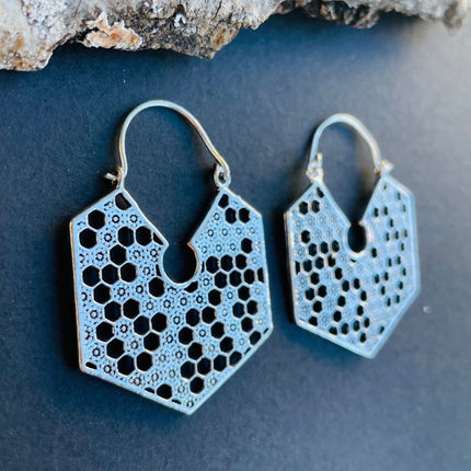 Silver Honeycomb Earrings / Geometric Honey Bee ;Illuminati Ethnic Rustic Indian Festival Psy Gypsy Spiral Hippie Tribal style