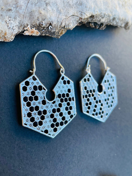 Silver Honeycomb Earrings / Geometric Honey Bee ;Illuminati Ethnic Rustic Indian Festival Psy Gypsy Spiral Hippie Tribal style