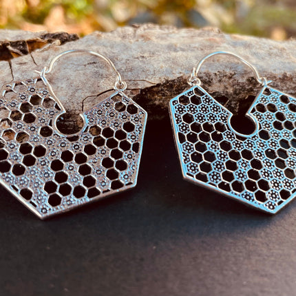 Silver Honeycomb Earrings / Geometric Honey Bee ;Illuminati Ethnic Rustic Indian Festival Psy Gypsy Spiral Hippie Tribal style