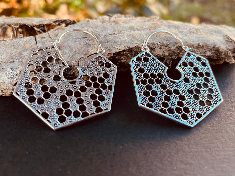 Silver Honeycomb Earrings / Geometric Honey Bee ;Illuminati Ethnic Rustic Indian Festival Psy Gypsy Spiral Hippie Tribal style