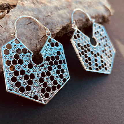 Silver Honeycomb Earrings / Geometric Honey Bee ;Illuminati Ethnic Rustic Indian Festival Psy Gypsy Spiral Hippie Tribal style