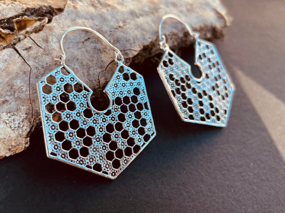 Silver Honeycomb Earrings / Geometric Honey Bee ;Illuminati Ethnic Rustic Indian Festival Psy Gypsy Spiral Hippie Tribal style