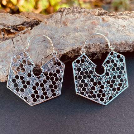 Silver Honeycomb Earrings / Geometric Honey Bee ;Illuminati Ethnic Rustic Indian Festival Psy Gypsy Spiral Hippie Tribal style