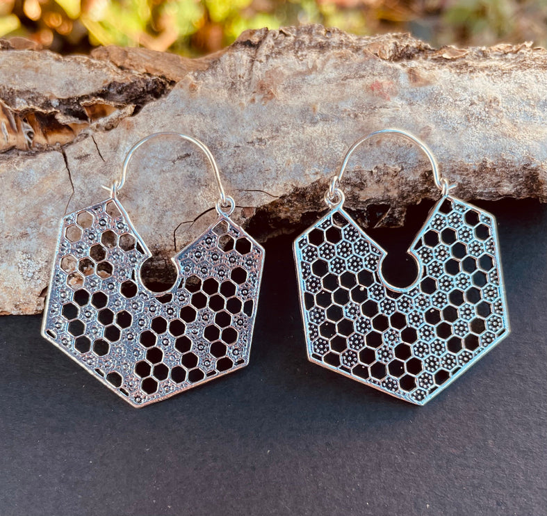 Silver Honeycomb Earrings / Geometric Honey Bee ;Illuminati Ethnic Rustic Indian Festival Psy Gypsy Spiral Hippie Tribal style