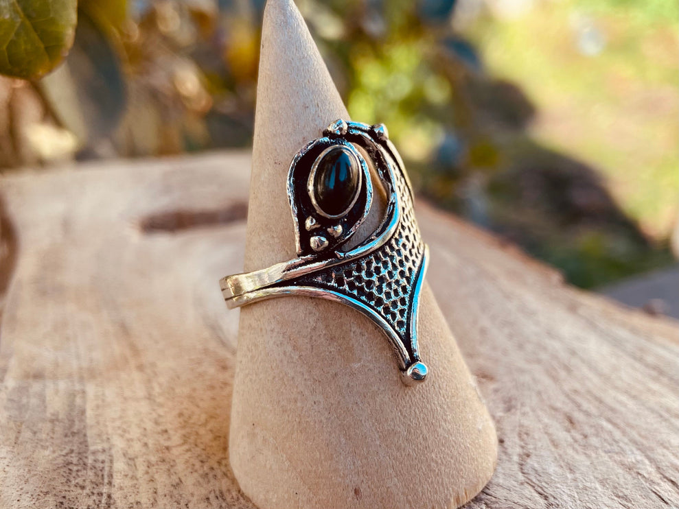 Onyx Noir Bague Argent Taille Grande / Ethnique / Bohème / Rustique / Festival / Hippie / Tribal / Gypsy / Boho