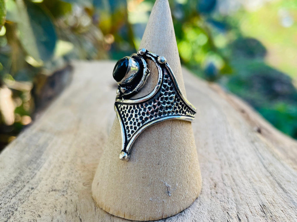 Onyx Noir Bague Argent Taille Grande / Ethnique / Bohème / Rustique / Festival / Hippie / Tribal / Gypsy / Boho