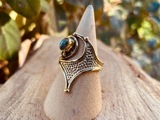 Labradorite Ring, Boho Brass Ring, Mottled Brass, Bohemian Jewellery from Kaali Boutique