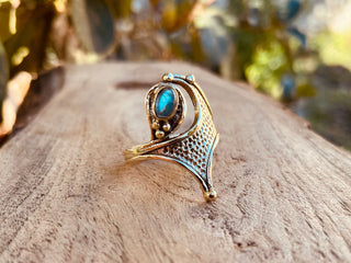 Labradorite Ring, Boho Brass Ring, Mottled Brass, Bohemian Jewellery from Kaali Boutique