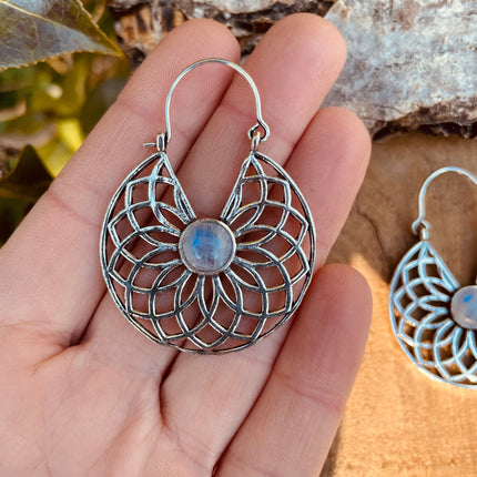 Moonstone & Silver Hoop Earrings Ethnic, rustic, yoga, hippie, gypsy, pretty, psy, boho, bohemian, festival