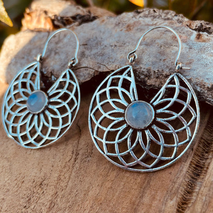 Moonstone & Silver Hoop Earrings Ethnic, rustic, yoga, hippie, gypsy, pretty, psy, boho, bohemian, festival