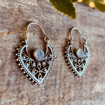 Silver Moonstone Earrings / Small / Mandala / Ethnic / Rustic / Yoga / Hippie / Gypsy / Psy / Bohemian / Festival