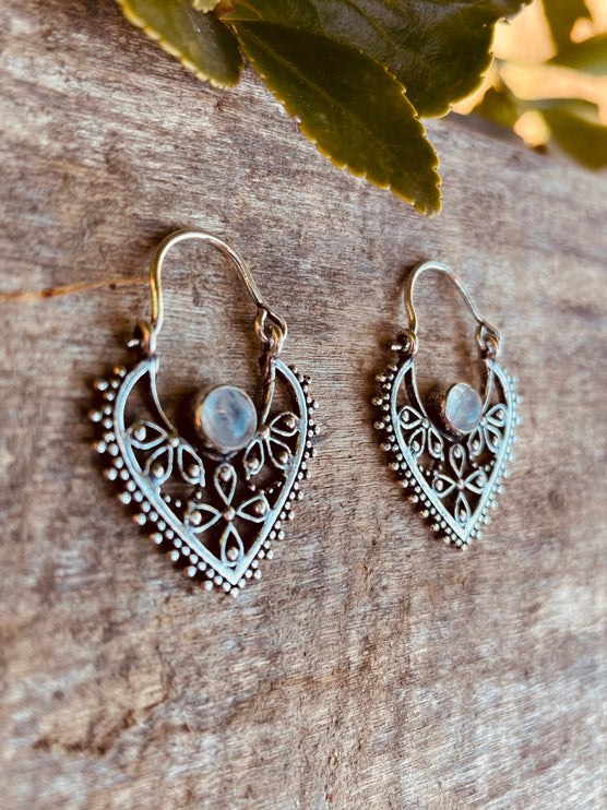 Silver Moonstone Earrings / Small / Mandala / Ethnic / Rustic / Yoga / Hippie / Gypsy / Psy / Bohemian / Festival