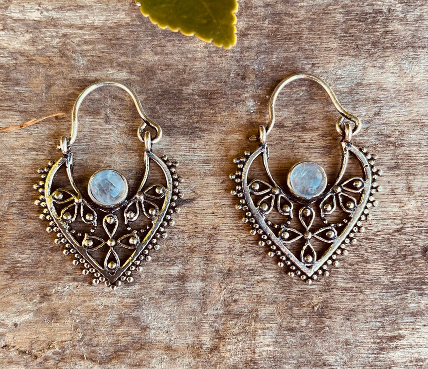 Silver Moonstone Earrings / Small / Mandala / Ethnic / Rustic / Yoga / Hippie / Gypsy / Psy / Bohemian / Festival