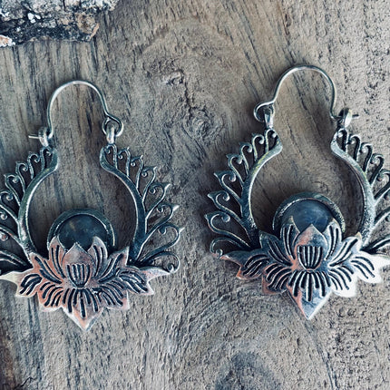 Silver Lotus Flower Moonstone Earrings rustic, yoga, hippie, gypsy, pretty, psy, boho, bohemian, festival