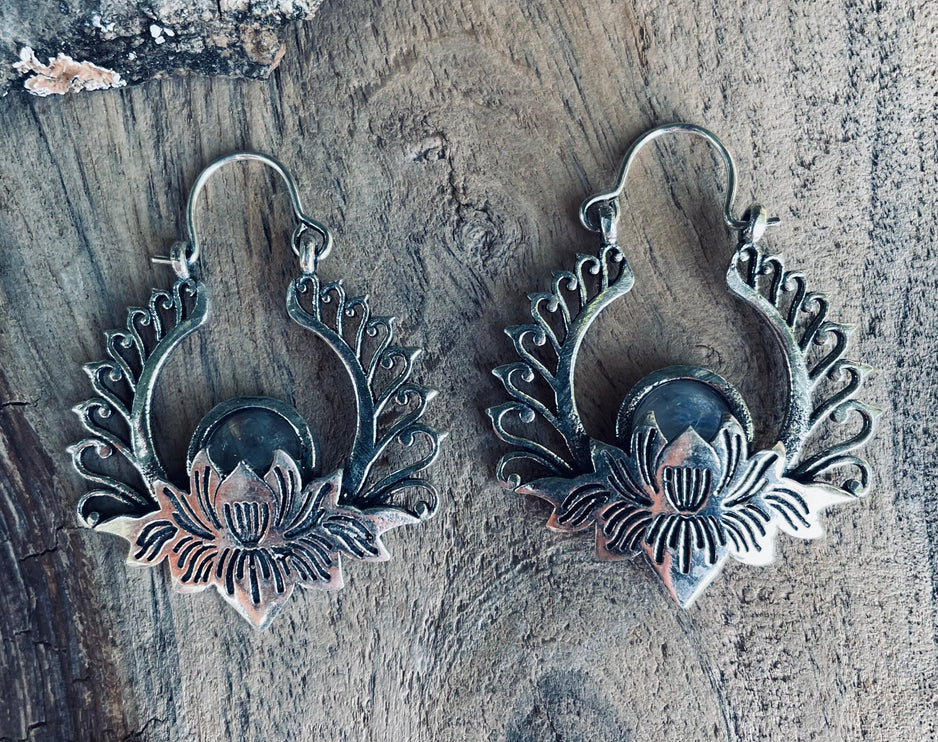 Silver Lotus Flower Moonstone Earrings rustic, yoga, hippie, gypsy, pretty, psy, boho, bohemian, festival