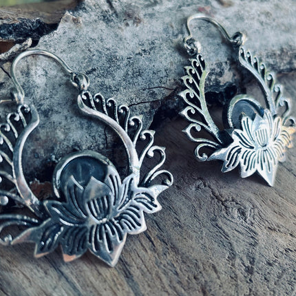 Silver Lotus Flower Moonstone Earrings rustic, yoga, hippie, gypsy, pretty, psy, boho, bohemian, festival