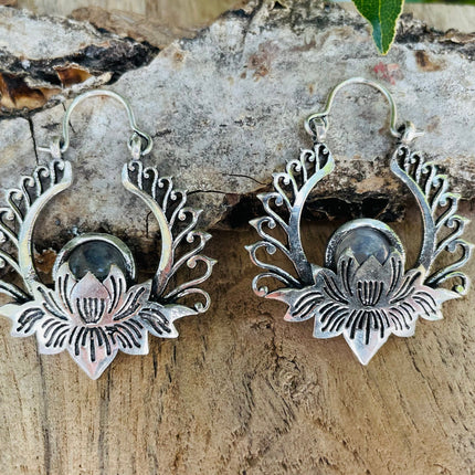 Silver Lotus Flower Moonstone Earrings rustic, yoga, hippie, gypsy, pretty, psy, boho, bohemian, festival