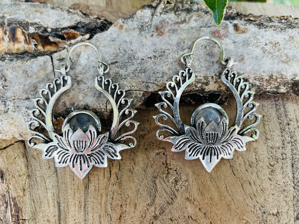 Silver Lotus Flower Moonstone Earrings rustic, yoga, hippie, gypsy, pretty, psy, boho, bohemian, festival