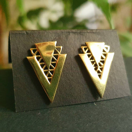 Contemporary Minimalist Gold Triangle Stud Earrings / Geometric Chic Ethnic Boho Bohemian Chic Gypsy Spiral Hippie Festival