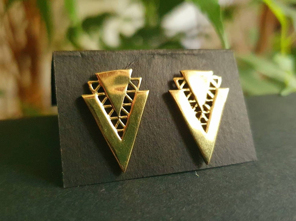 Contemporary Minimalist Gold Triangle Stud Earrings / Geometric Chic Ethnic Boho Bohemian Chic Gypsy Spiral Hippie Festival