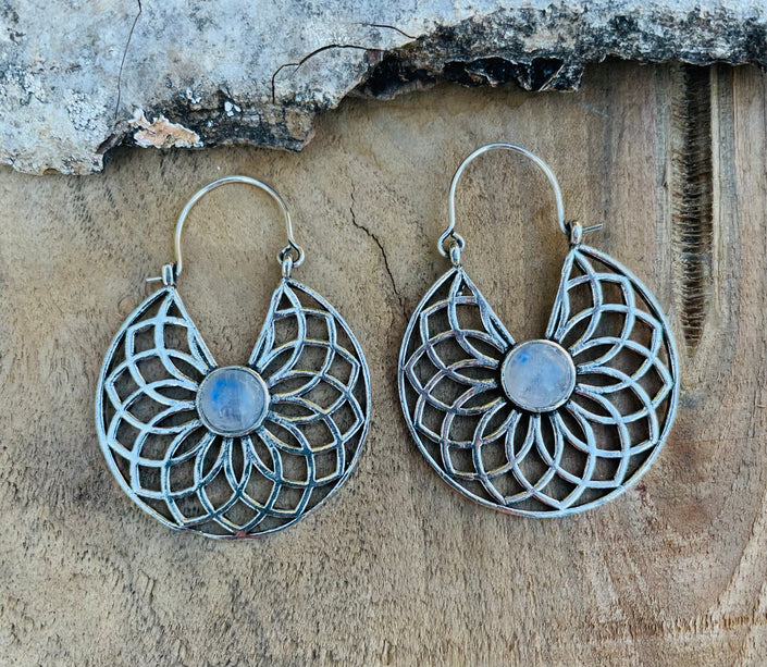 Moonstone & Silver Hoop Earrings Ethnic, rustic, yoga, hippie, gypsy, pretty, psy, boho, bohemian, festival