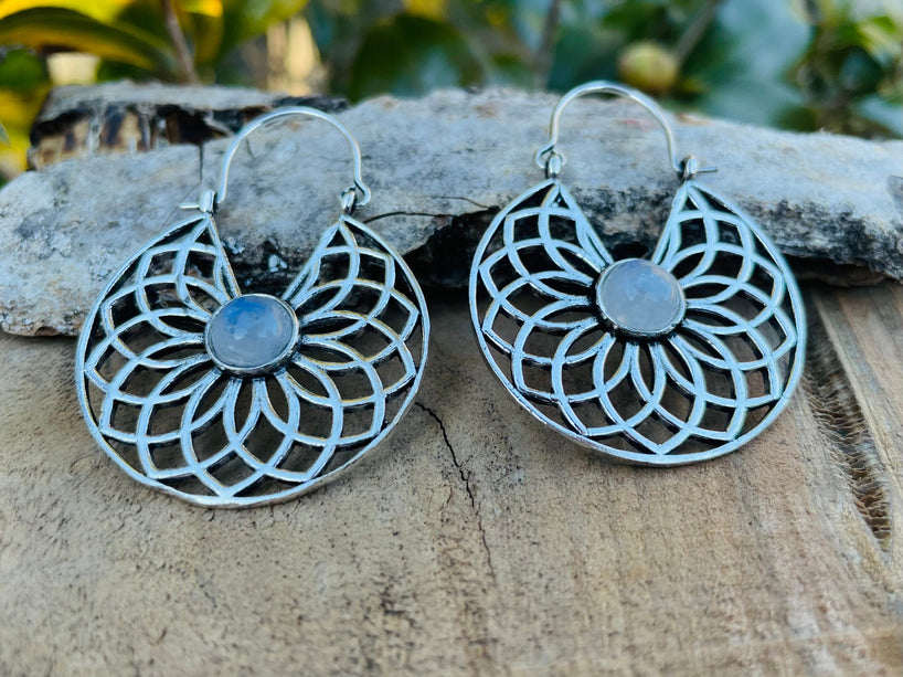 Moonstone & Silver Hoop Earrings Ethnic, rustic, yoga, hippie, gypsy, pretty, psy, boho, bohemian, festival