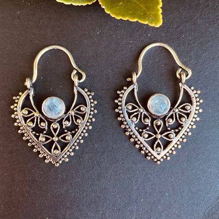 Silver Moonstone Earrings / Small / Mandala / Ethnic / Rustic / Yoga / Hippie / Gypsy / Psy / Bohemian / Festival