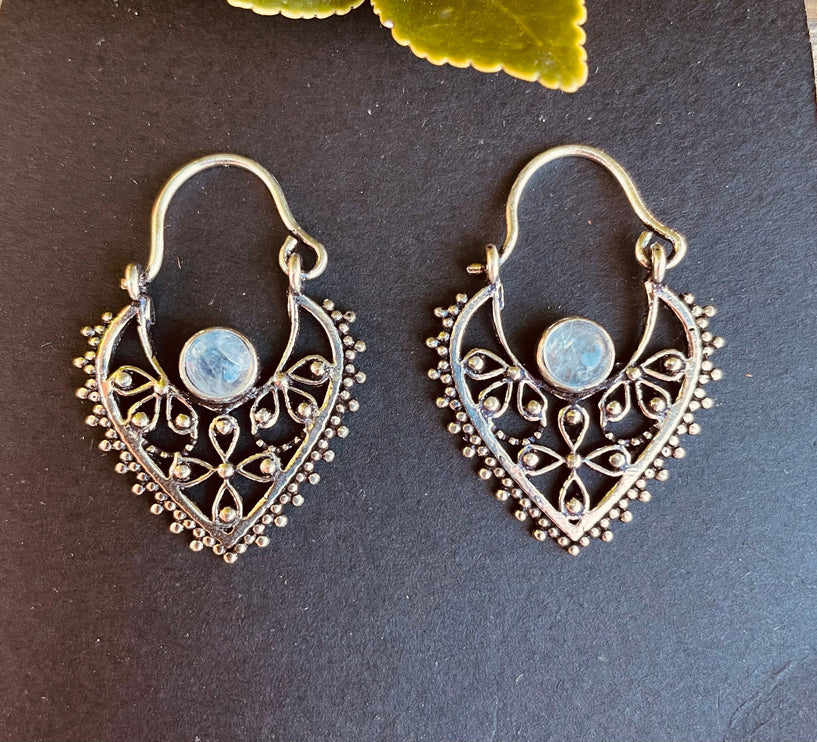 Silver Moonstone Earrings / Small / Mandala / Ethnic / Rustic / Yoga / Hippie / Gypsy / Psy / Bohemian / Festival