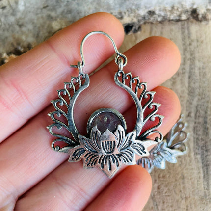 Silver Lotus Flower Moonstone Earrings rustic, yoga, hippie, gypsy, pretty, psy, boho, bohemian, festival