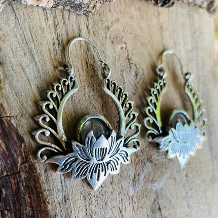 Silver Lotus Flower Moonstone Earrings rustic, yoga, hippie, gypsy, pretty, psy, boho, bohemian, festival