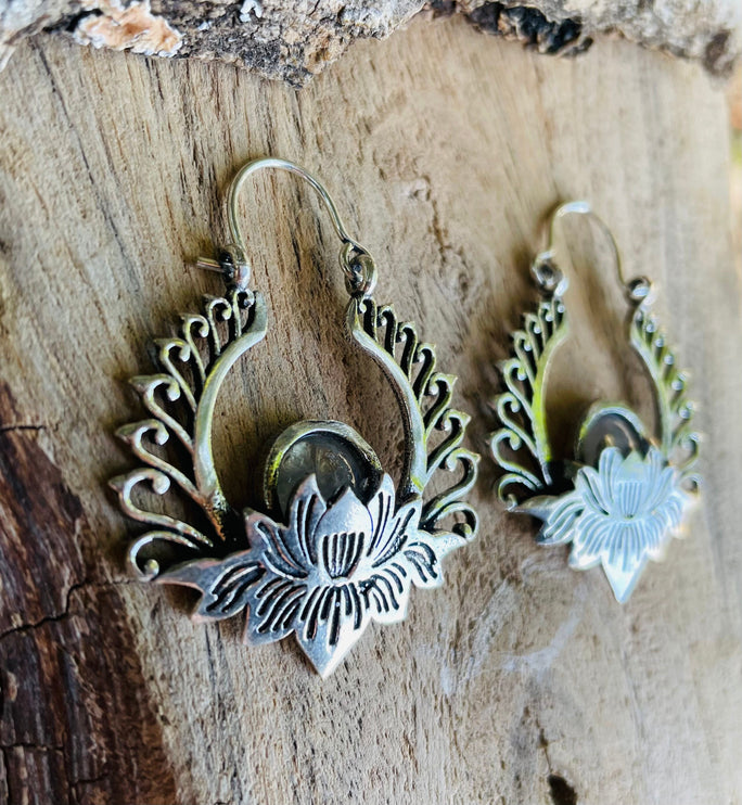 Silver Lotus Flower Moonstone Earrings rustic, yoga, hippie, gypsy, pretty, psy, boho, bohemian, festival