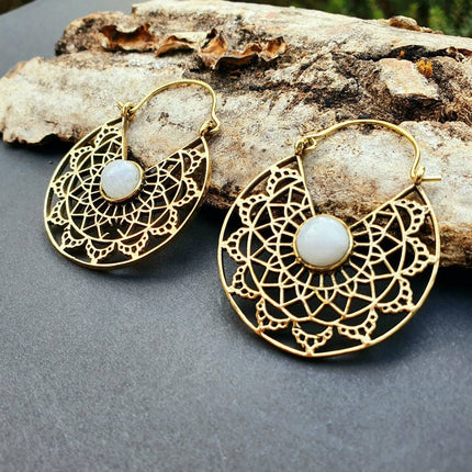 Golden Ethnic Moonstone Earrings Ethnic, rustic, yoga, hippie, gypsy, pretty, psy, boho, bohemian, festival