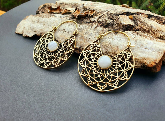 Golden Ethnic Moonstone Earrings Ethnic, rustic, yoga, hippie, gypsy, pretty, psy, boho, bohemian, festival