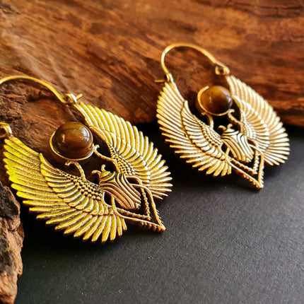 Golden Tiger Eye Scarab Earrings Ancient Egypt ; Ethnic, Geometric, rustic, yoga, hippie, gypsy, pretty, boho, bohemian, festival