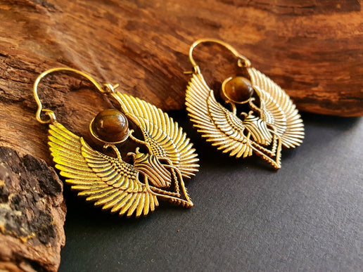 Golden Tiger Eye Scarab Earrings Ancient Egypt ; Ethnic, Geometric, rustic, yoga, hippie, gypsy, pretty, boho, bohemian, festival