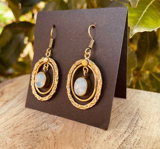 Moonstone Earrings Dangle Brass Ethnic, rustic, yoga, hippie, gypsy, pretty, psy, boho, bohemian, festival