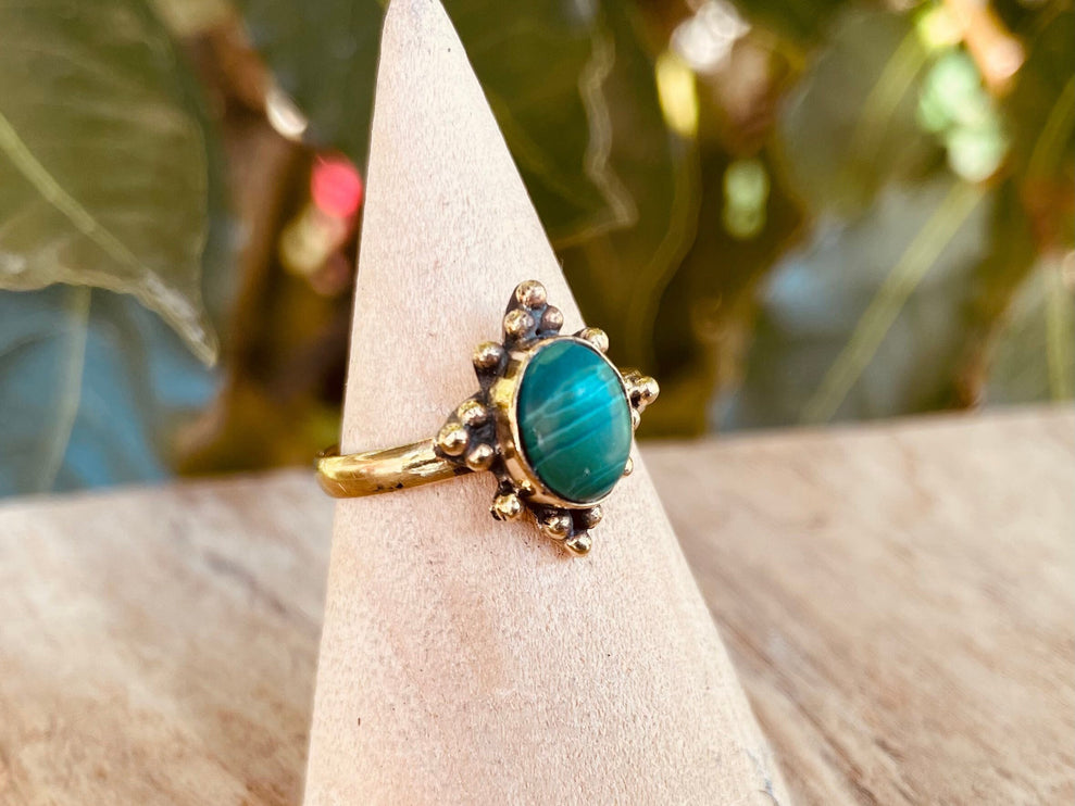 Green Malachite & Brass Ring / Birthstone / Green / Boho / Ethnic / Rustic / Tribal / Gypsy / Festival / Healing