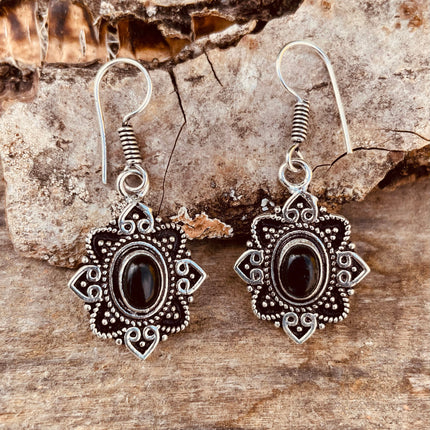 Small Silver Earrings Black Onyx Drop Dangle Ethnic, rustic, yoga, hippie, gypsy, pretty, psy, boho, bohemian, festival