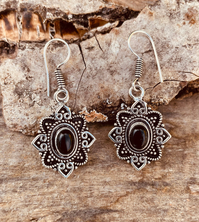 Small Silver Earrings Black Onyx Drop Dangle Ethnic, rustic, yoga, hippie, gypsy, pretty, psy, boho, bohemian, festival