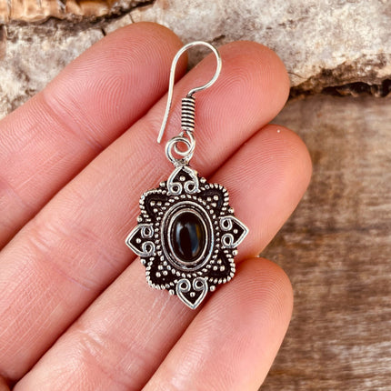 Small Silver Earrings Black Onyx Drop Dangle Ethnic, rustic, yoga, hippie, gypsy, pretty, psy, boho, bohemian, festival