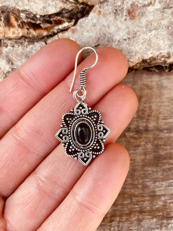 Small Silver Earrings Black Onyx Drop Dangle Ethnic, rustic, yoga, hippie, gypsy, pretty, psy, boho, bohemian, festival