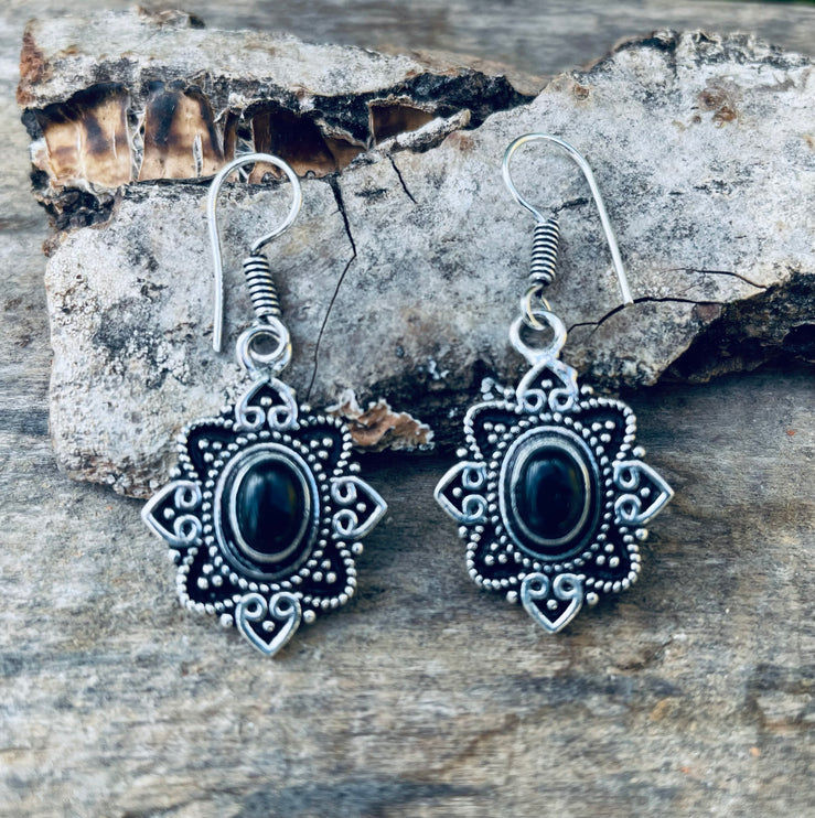 Small Silver Earrings Black Onyx Drop Dangle Ethnic, rustic, yoga, hippie, gypsy, pretty, psy, boho, bohemian, festival