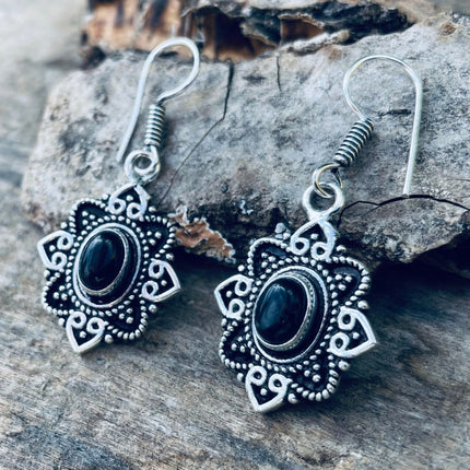 Small Silver Earrings Black Onyx Drop Dangle Ethnic, rustic, yoga, hippie, gypsy, pretty, psy, boho, bohemian, festival